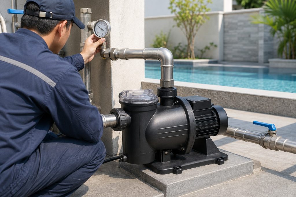 A realistic outdoor pool equipment maintenance scene showing one black HYBSUN style pool pump installed on a raised concrete platform beside a clean swimming pool. A Chinese technician in a work uniform checks the analog pressure gauge near the metal pipe manifold, suggesting concern about a 25 PSI pool pump pressure reading. The pump features a compact motor body, transparent strainer lid, sturdy base, and professional inlet and outlet connections with new stainless steel pipes, unions, elbows, and blue handle valves. Clear pool water, modern tiles, garden plants, and bright daylight create a natural residential installation environment. No solar panels are visible in this scene, but the setup is relevant for HYBSUN solar pump applications, solar water pump systems, pond pump system maintenance, and solar powered pond pump product content.