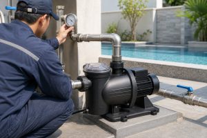 A realistic outdoor pool equipment maintenance scene showing one black HYBSUN style pool pump installed on a raised concrete platform beside a clean swimming pool. A Chinese technician in a work uniform checks the analog pressure gauge near the metal pipe manifold, suggesting concern about a 25 PSI pool pump pressure reading. The pump features a compact motor body, transparent strainer lid, sturdy base, and professional inlet and outlet connections with new stainless steel pipes, unions, elbows, and blue handle valves. Clear pool water, modern tiles, garden plants, and bright daylight create a natural residential installation environment. No solar panels are visible in this scene, but the setup is relevant for HYBSUN solar pump applications, solar water pump systems, pond pump system maintenance, and solar powered pond pump product content.