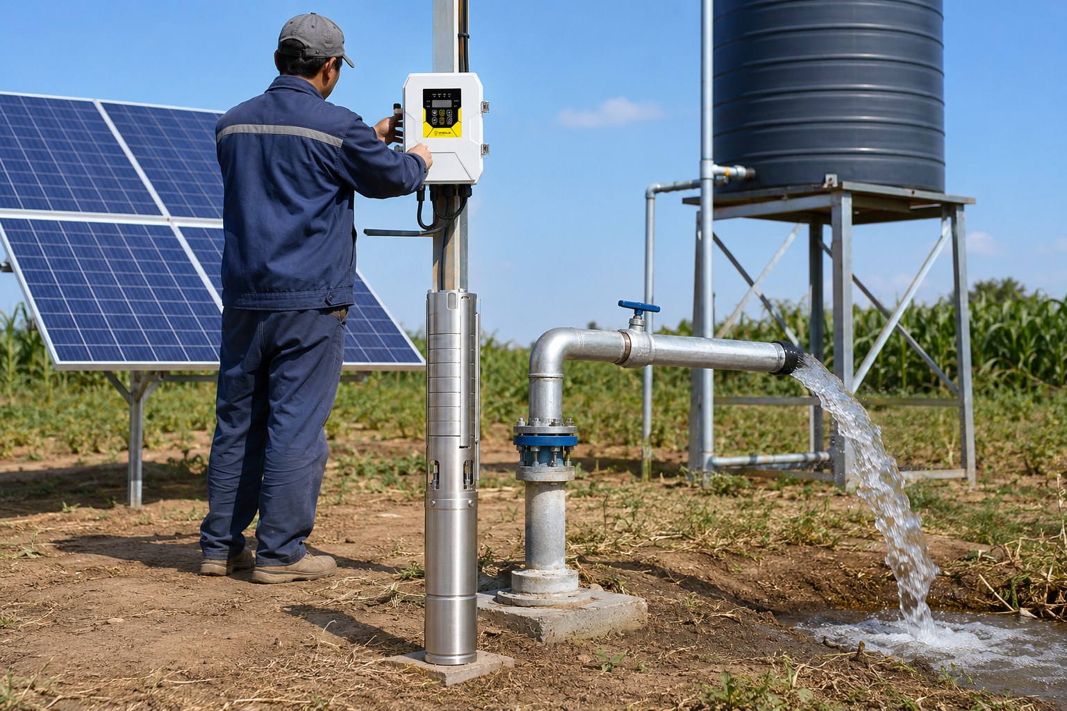 A DC solar pump next to an AC pump connected to an inverter