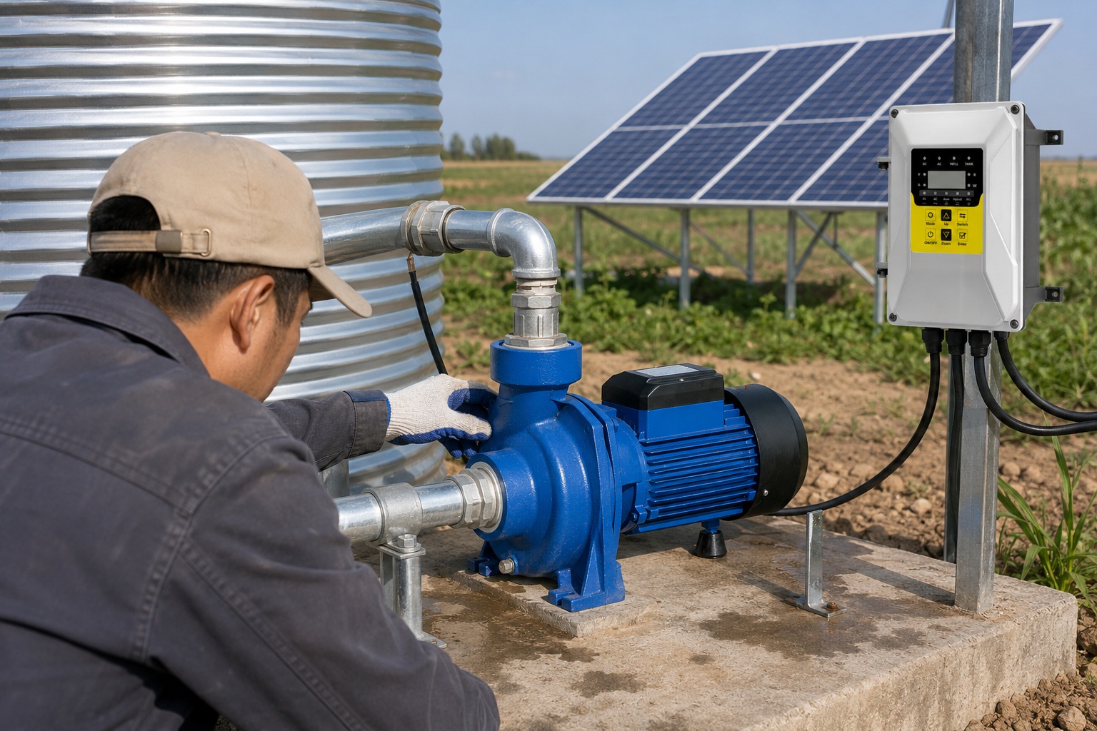 A centrifugal pump with a warning sign about running dry