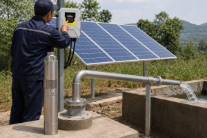 A realistic outdoor HYBSUN solar pump installation scene showing a stainless steel submersible well pump displayed beside a concrete borehole, with a clean metal discharge pipe rising from the wellhead and carrying water into a concrete storage tank. A Chinese technician in workwear is adjusting the HYBSUN solar pump controller mounted on a metal post, while large solar panels power the system in the background. The professional pipe connection, steady water flow, rural field setting, and complete solar water pump layout help explain how proper well pump sizing supports reliable water supply, whether used for a borehole system, irrigation setup, solar powered pond pump, or pond pump system.