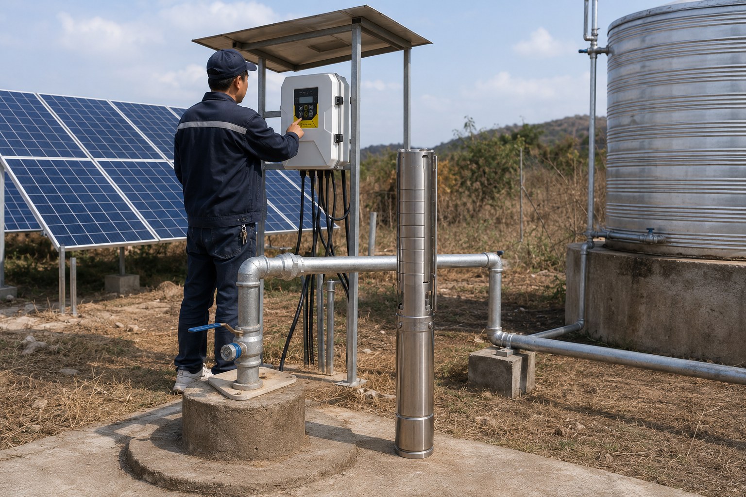A solar water pump system in a rural field
