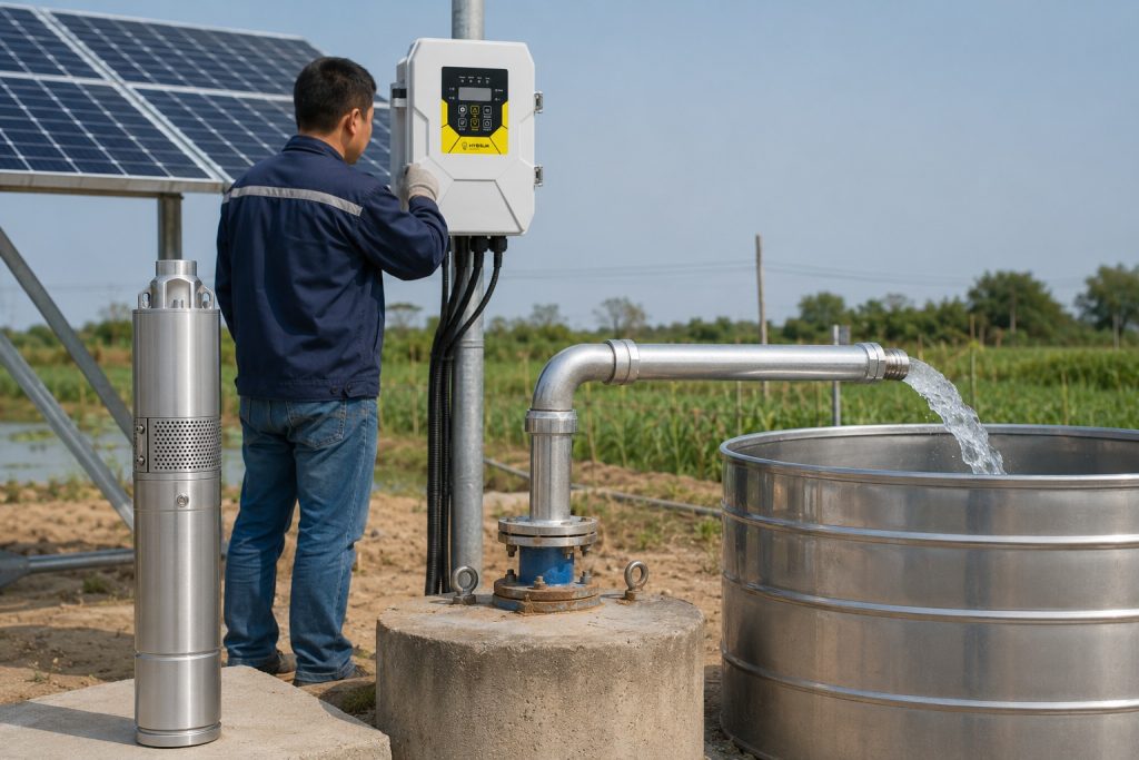 A realistic outdoor HYBSUN solar pump installation scene showing a stainless steel submersible well pump displayed beside a borehole, with clean metal piping rising from the wellhead and delivering a steady water flow into a large steel storage tank. A Chinese technician is checking the HYBSUN solar pump controller mounted near the solar panels, while the professional pipe connections, irrigation field background, and active water discharge illustrate a reliable solar water pump system used for farm water supply, solar powered pond pump applications, pond pump system maintenance, and common pump problem prevention.