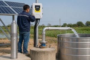 A realistic outdoor HYBSUN solar pump installation scene showing a stainless steel submersible well pump displayed beside a borehole, with clean metal piping rising from the wellhead and delivering a steady water flow into a large steel storage tank. A Chinese technician is checking the HYBSUN solar pump controller mounted near the solar panels, while the professional pipe connections, irrigation field background, and active water discharge illustrate a reliable solar water pump system used for farm water supply, solar powered pond pump applications, pond pump system maintenance, and common pump problem prevention.