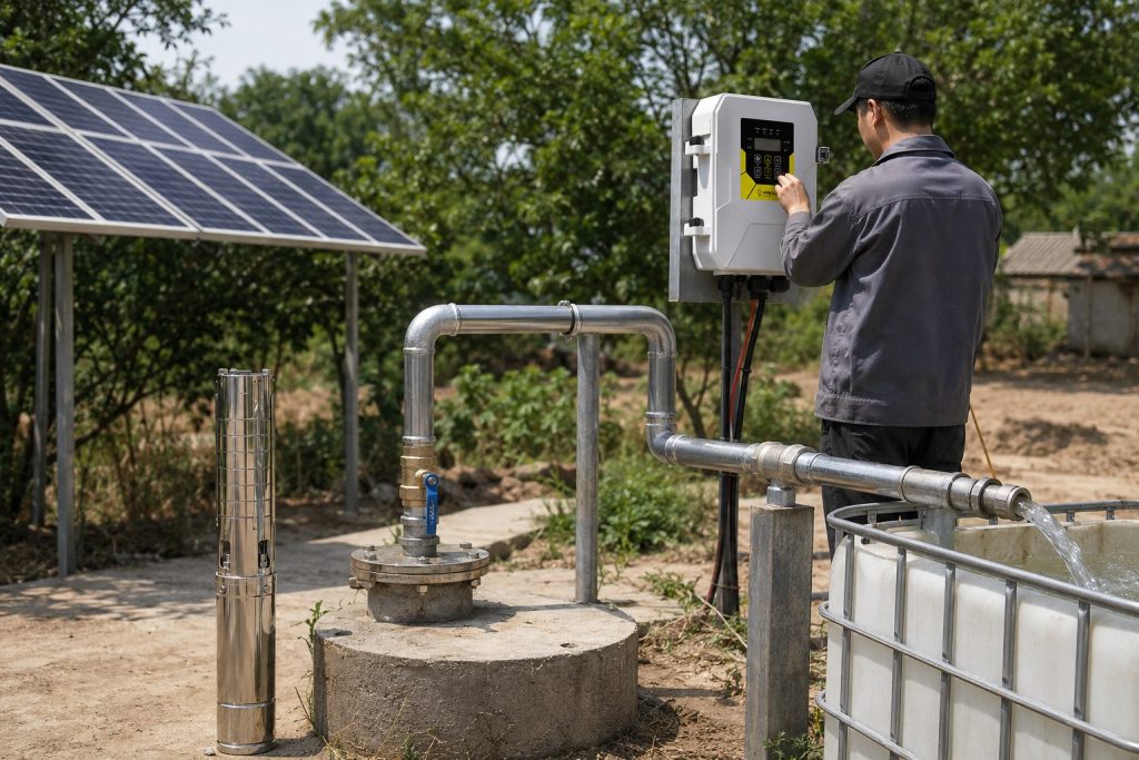 A realistic outdoor HYBSUN solar pump installation showing a stainless steel submersible well pump displayed beside a concrete borehole while the actual water line runs from the wellhead through clean metal pipes and professional fittings into a storage tank. A Chinese technician wearing work clothes and a cap adjusts the HYBSUN controller mounted near the system, with solar panels positioned nearby to power the pump. The scene includes new galvanized piping, a blue handle valve, steady water flow into the tank, and a natural rural background, presenting a practical solar water pump setup for irrigation, well water supply, and applications related to a solar powered pond pump or pond pump system.