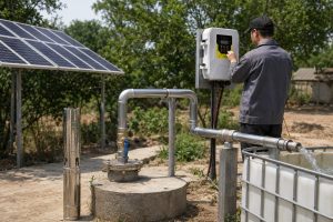 A realistic outdoor HYBSUN solar pump installation showing a stainless steel submersible well pump displayed beside a concrete borehole while the actual water line runs from the wellhead through clean metal pipes and professional fittings into a storage tank. A Chinese technician wearing work clothes and a cap adjusts the HYBSUN controller mounted near the system, with solar panels positioned nearby to power the pump. The scene includes new galvanized piping, a blue handle valve, steady water flow into the tank, and a natural rural background, presenting a practical solar water pump setup for irrigation, well water supply, and applications related to a solar powered pond pump or pond pump system.