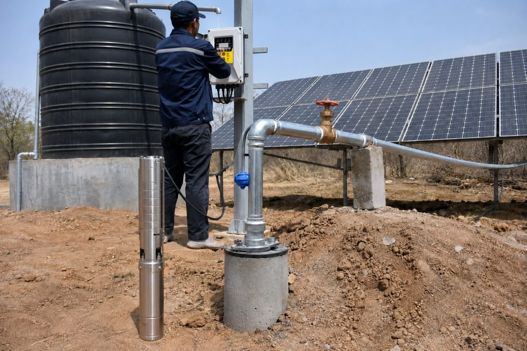 A realistic outdoor HYBSUN solar water pump installation showing a stainless steel deep well solar pump displayed beside a borehole, with clean metal discharge pipes rising from the wellhead and connecting through elbows, fittings, and a valve toward a water storage system. A Chinese technician is adjusting the mounted HYBSUN solar pump controller while a large solar panel array powers the system in a dry off grid rural environment. The scene highlights a practical solar water pump setup for reliable water access, irrigation, and storage, similar to a pond pump system or solar powered pond pump application where efficient pumping performance and clean energy help reduce operating costs.