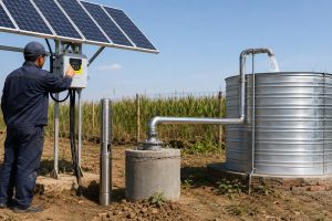 A realistic outdoor HYBSUN solar pump installation in a rural farm setting, showing a stainless steel solar submersible pump displayed beside a concrete borehole while clean metal pipes carry water from the wellhead into a large storage tank. A Chinese technician adjusts the HYBSUN solar pump controller under mounted solar panels, with water visibly flowing into the tank for irrigation use. The scene clearly shows how a solar water pump system delivers reliable water supply in the field, helping users understand the role of centrifugal pumps and positive displacement pumps in practical applications. This professional setup also reflects a solar powered pond pump or pond pump system concept for efficient outdoor water transfer.