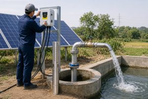 A realistic outdoor HYBSUN solar pump installation scene showing a stainless steel deep well submersible pump displayed beside a concrete wellhead while a Chinese technician adjusts the HYBSUN solar pump controller. Clean metal discharge piping rises from the borehole and connects through professional elbows, fittings and a valve before releasing a strong flow of clear water into a concrete storage tank. Solar panels are installed behind the system, supplying power for the solar water pump setup in a rural irrigation environment. The image helps explain pump power terms such as P1 input power and P2 shaft output power, while also showing practical installation details for users comparing a HYBSUN solar pump, solar powered pond pump, pond pump system or deep well solar water pump for efficient water supply.