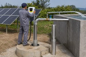 A realistic outdoor HYBSUN solar pump installation shows a stainless steel three stage submersible pump displayed upright beside a concrete borehole wellhead, with clean metal discharge pipes carrying water from the well to a concrete storage tank. A Chinese technician in work clothes adjusts the HYBSUN controller while solar panels power the system in the background. The professionally connected valves, elbows, and polished metal piping show a reliable solar water pump setup designed for high pressure fluid transfer, with strong water flow entering the tank. This scene clearly illustrates how a multistage pump differs from a simple solar powered pond pump or pond pump system by using staged impellers for efficient deep well water delivery.