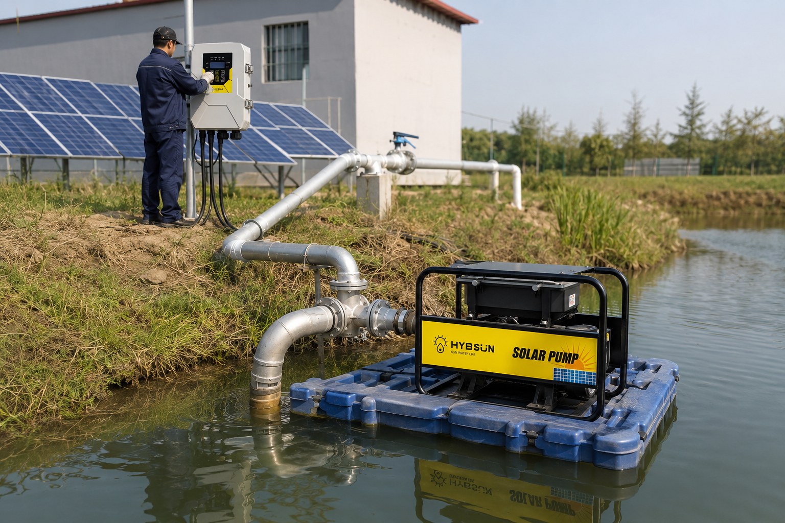 A floating pump station operating on a large reservoir