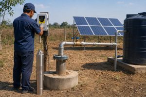 A realistic outdoor HYBSUN solar pump installation on a dry off-grid property, showing a stainless steel deep well submersible pump displayed beside a concrete borehole wellhead while the actual water line runs from the well through clean metal piping to a black storage tank. A Chinese technician is adjusting the HYBSUN solar pump controller mounted on a wooden post, with solar panels installed behind the system to power the water supply. The setup includes professional pipe elbows, metal fittings, a brass valve, unions, and secure connections, creating a practical solar water pump system for rural homes, farms, irrigation, and remote water storage. The scene also reflects the clean energy benefits often associated with a solar powered pond pump or pond pump system, while focusing on a borehole water application designed for reliable off-grid water access.