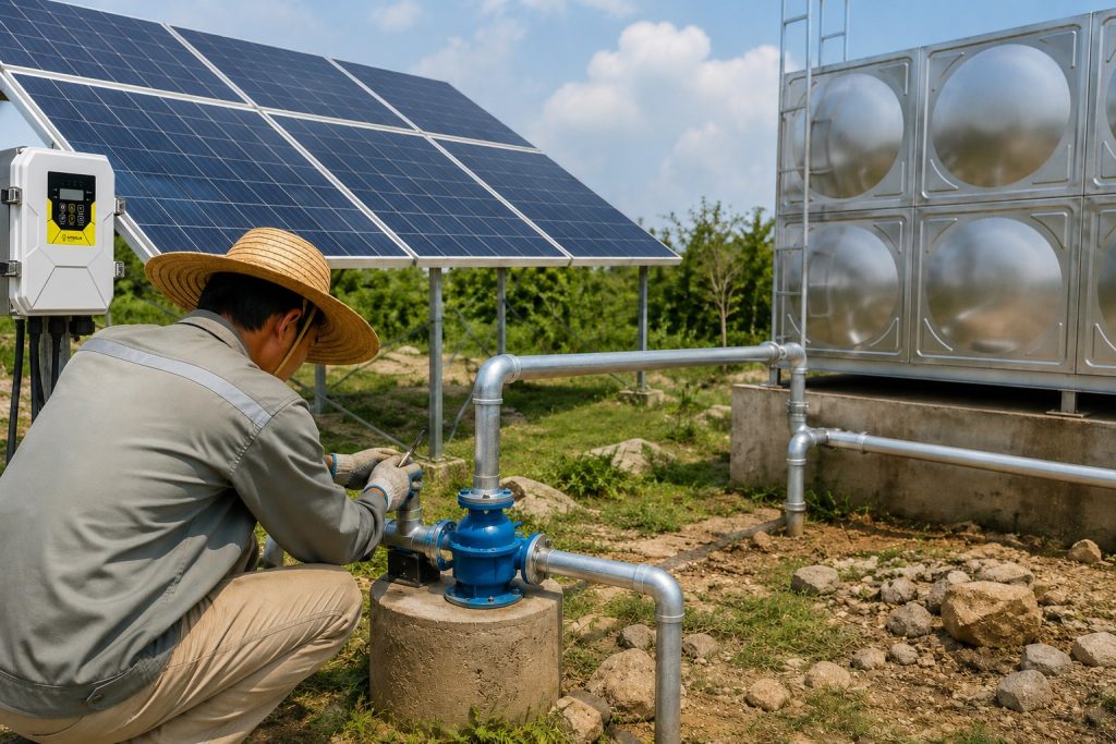 A realistic outdoor HYBSUN solar pump installation showing a small blue water pump connected to clean metal piping on a concrete well base, with a HYBSUN solar pump controller mounted beside large solar panels. A Chinese technician is checking the pipe connection while the system transfers water toward a stainless steel storage tank in a rural farm setting. This solar water pump setup is suitable for home water supply, irrigation, and solar powered pond pump applications where a reliable pond pump system and energy saving off grid water solution are needed.