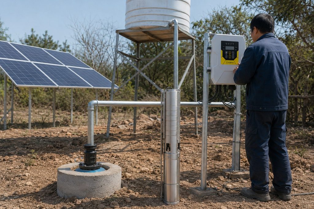 A realistic outdoor off grid water supply installation featuring a HYBSUN solar pump system connected to a concrete wellhead, clean galvanized metal outlet pipes, a wall mounted intelligent controller, a large solar panel array, and an elevated water storage tank. One stainless steel solar submersible pump is displayed beside the well as a product reference, while the actual working pipe rises from the wellhead and transfers water toward the tank through professionally installed metal fittings and supports. A technician in work clothes is checking the controller from the side, creating a natural field installation scene for an off grid property where a reliable solar water pump provides water without grid electricity. The image clearly shows the complete system layout, including solar panels, controller, well outlet, pipework, and storage tank, making it suitable for explaining how to choose the best solar powered water pump for rural homes, farms, irrigation systems, and similar applications where a HYBSUN solar pump delivers efficient and dependable water supply.