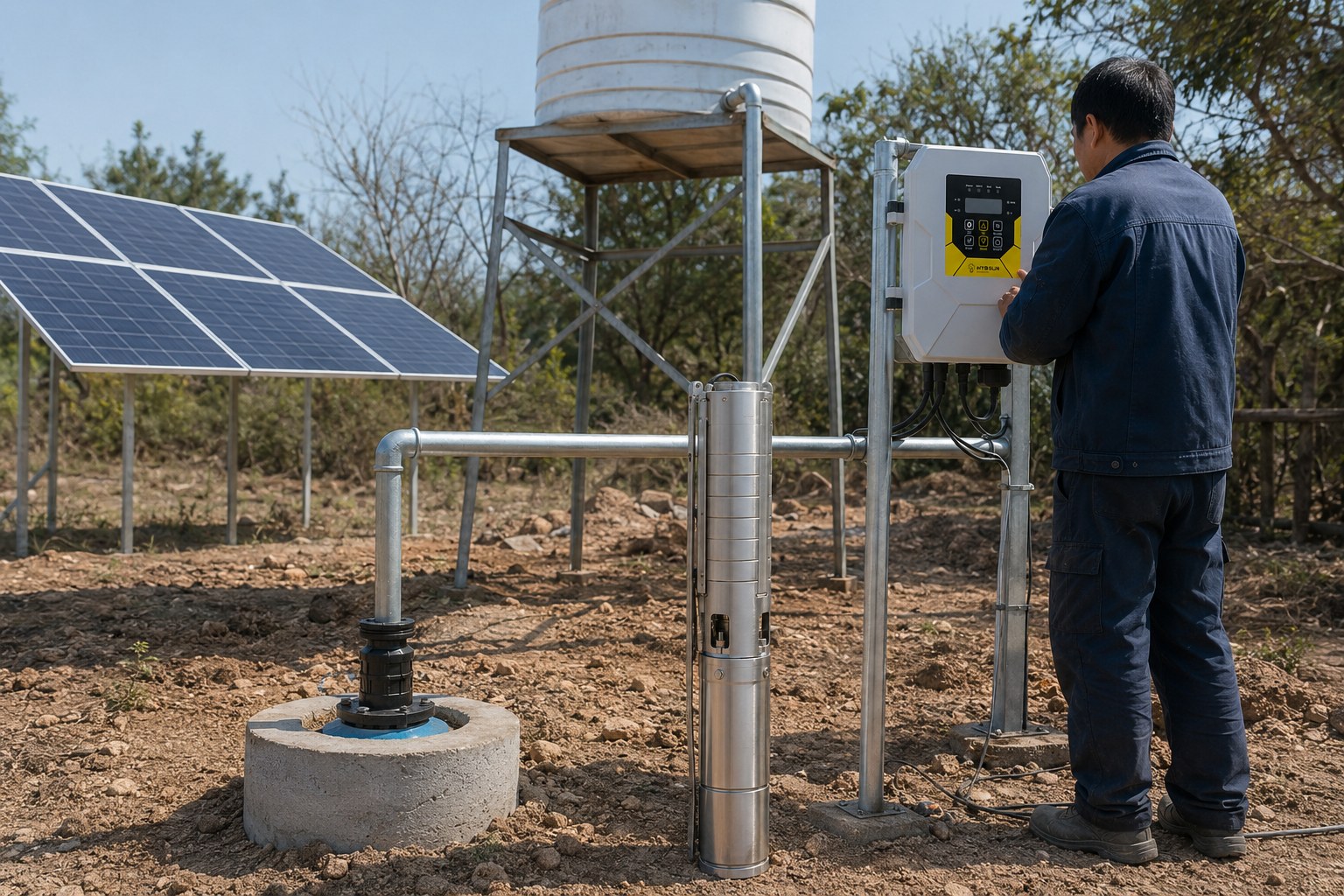 A solar panel array in a field with a water pump nearby