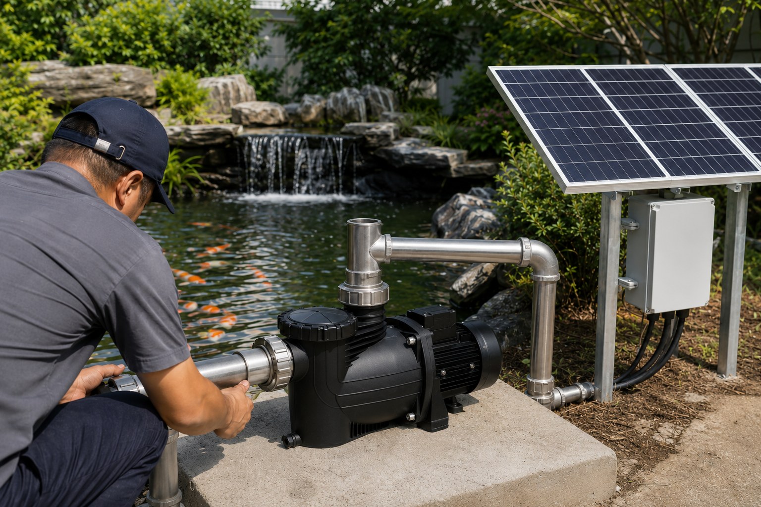 A solar-powered fountain operating in a fish pond