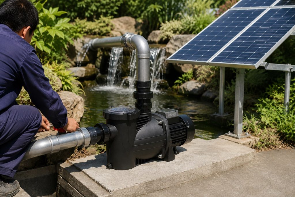 A realistic outdoor garden water feature powered by a HYBSUN solar pump, showing a black solar powered pond pump installed on a clean concrete platform beside a landscaped pond. The pond pump system is connected with new metal pipes, professional unions, elbows, clamps, and fittings, with water flowing through the discharge pipe into a small waterfall feature. A Chinese technician is checking the pipe connection beside the pump while nearby solar panels provide power for the solar water pump system. The scene shows a practical HYBSUN solar pump installation for a pond, fountain, or decorative water feature where proper flow rate, head height, and reliable solar energy are important for stable water circulation.
