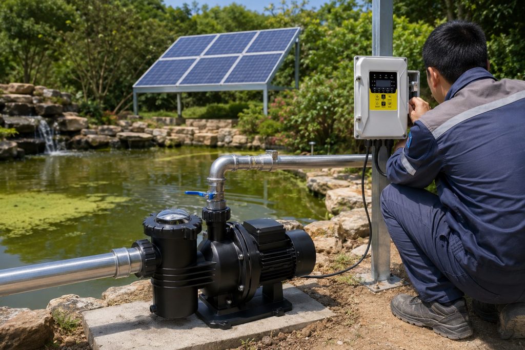 A realistic outdoor installation scene showing a HYBSUN solar powered pond pump set beside a garden pond with green algae and circulating water. The black surface pump is mounted securely on a concrete platform near the pond edge, with a clean metal suction pipe connected from the water intake side and a professional discharge pipe running upward through an elbow and valve toward the pond return system. A HYBSUN solar pump controller is fixed on a metal post beside the pump while a Chinese technician adjusts the control box during setup. Solar panels are installed on a metal rack in the background, powering the pond pump system for eco friendly water circulation. The surrounding rocks, waterfall feature, plants, and outdoor landscape create a natural pond maintenance scene for improving water movement and reducing stagnant water.