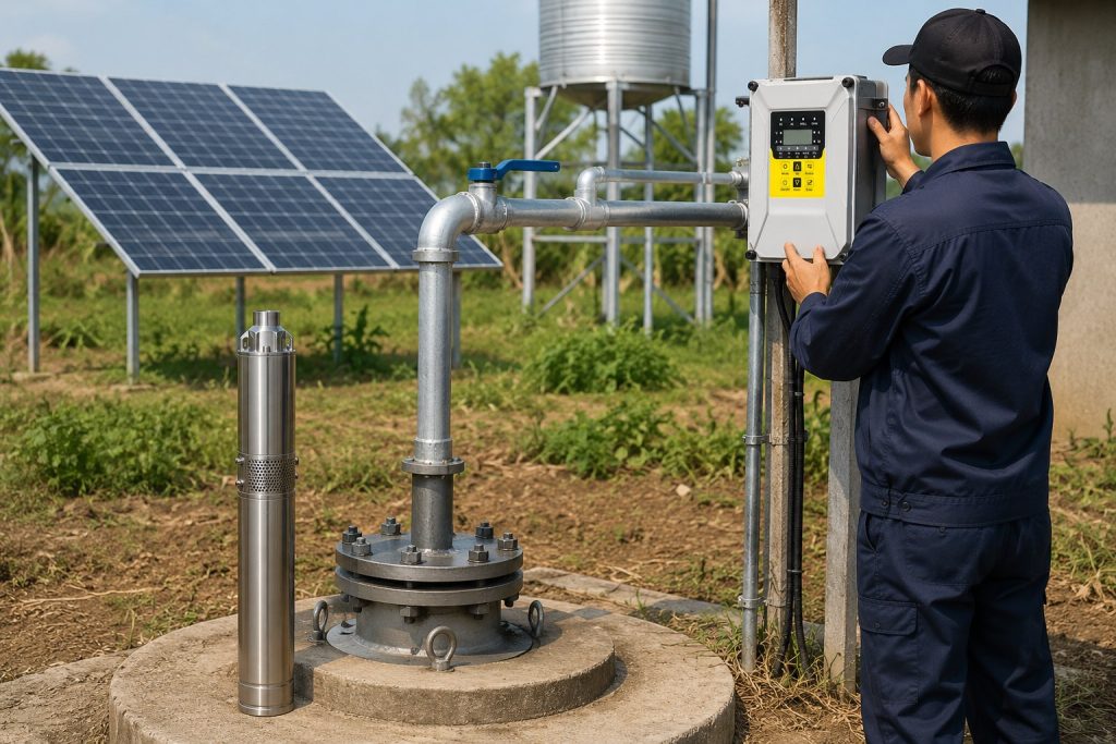 A realistic outdoor HYBSUN solar pump installation scene showing a stainless steel solar well pump displayed upright beside a sealed borehole wellhead, with clean galvanized metal piping connected from the well outlet toward an elevated water tank and irrigation line. A Chinese technician in workwear is adjusting the HYBSUN solar controller mounted beside the system, while solar panels in the background provide off grid power for the solar water pump. The scene shows a professional farm water supply setup with new metal elbows, valves, flanges, pipe supports, and a clear well pump installation layout. This HYBSUN solar pump system is designed for deep well water supply, agricultural irrigation, rural properties, and off grid applications, and the same solar water pump technology can also support a solar powered pond pump or pond pump system when matched to the right water flow and head requirements.