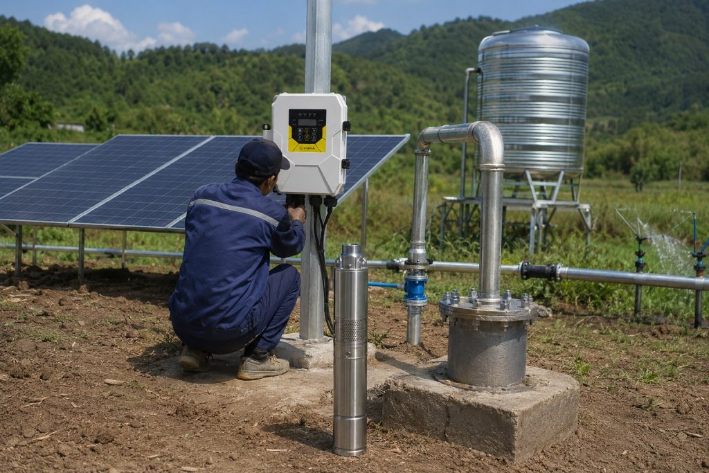 A realistic outdoor HYBSUN solar pump installation shows a stainless steel submersible bore pump displayed beside a concrete wellhead while a technician checks the solar controller. Clean metal pipes rise from the borehole and connect professionally to a water tank and irrigation line, with solar panels powering the system in a rural field. The scene highlights how a solar water pump can support reliable borehole water supply, farm irrigation, and pond pump system applications, similar to a solar powered pond pump setup.