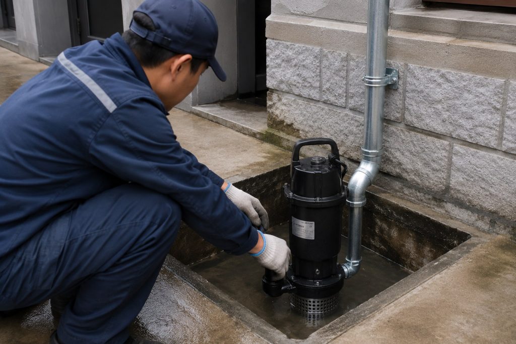 A realistic residential flood protection scene showing a black HYBSUN solar pump style submersible pump installed inside a concrete sump basin beside a house wall. A Chinese technician in work clothes and gloves is crouching beside the open pit, checking the pump connection while the unit sits partially submerged in shallow floodwater. The pump has a top handle, compact black body, side discharge outlet, and a perforated metal intake screen at the bottom. Clean galvanized metal pipes are professionally connected to the outlet and routed upward along the wall with proper elbows, couplings, and pipe clamps for practical water discharge. The wet concrete floor and water inside the basin create a natural basement drainage and emergency dewatering setting. No solar panels are visible in this installation, but the image clearly represents a durable HYBSUN solar water pump solution for homeowners who need a reliable submersible pump, sump pump, solar powered pond pump, or pond pump system for water removal and flood prevention.