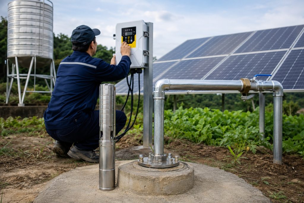 A realistic outdoor farm installation scene showing a HYBSUN solar pump system connected to a deep borehole well. A stainless steel submersible pump is displayed upright beside the wellhead while the actual water supply line rises from the underground borehole through a clean metal discharge pipe. The pipeline uses professional elbows, fittings, clamps, and a valve connection leading toward a water tank and irrigation area. A technician in workwear adjusts the HYBSUN controller near the solar panels, with the pump system powered by a large solar array in the background. This deep well solar water pump setup is designed for reliable home or farm water supply, offering a practical alternative to a small solar powered pond pump or pond pump system when higher head and long term off grid performance are required.
