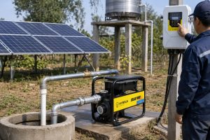 A HYBSUN solar pump is installed above ground beside a shallow well in a realistic outdoor water supply setup, with clean metal suction and discharge pipes connected to the wellhead and leading toward an elevated storage tank. The black framed surface jet pump features HYBSUN and SOLAR PUMP branding, while a technician adjusts the nearby solar controller connected to the solar panel array. The scene shows a professional solar water pump installation for improving low well pressure, with a practical layout that also suits a pond pump system or solar powered pond pump application in rural off grid environments.