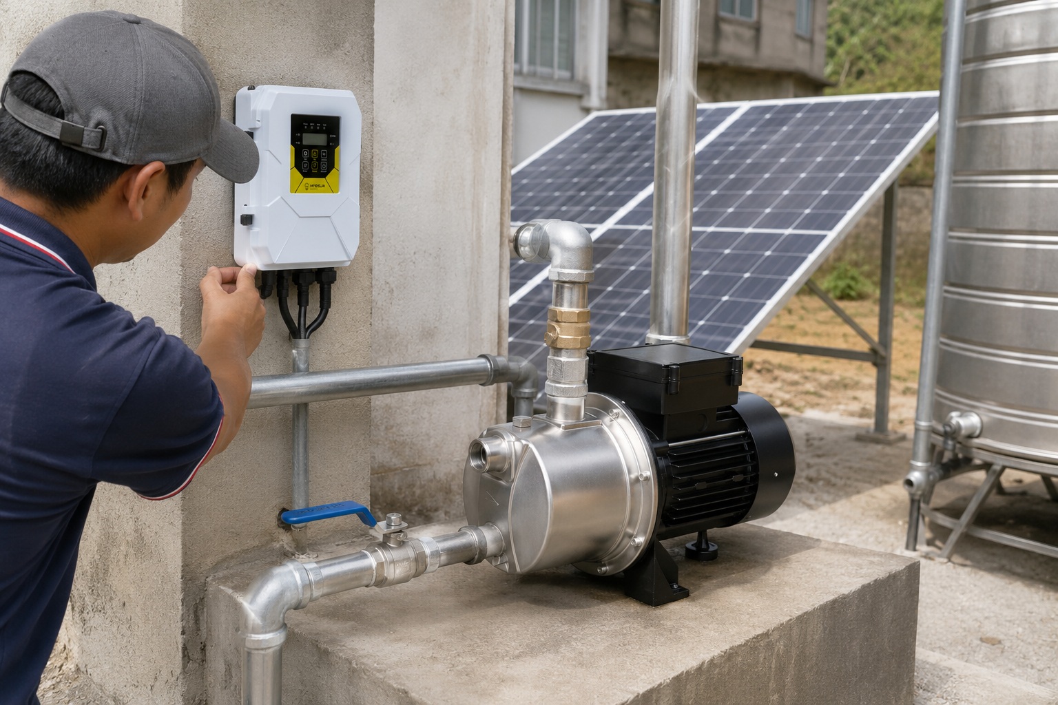 A modern water booster pump system installed in a clean utility room.