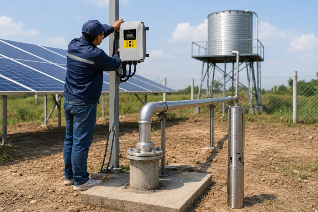 A realistic outdoor HYBSUN solar pump installation scene showing a stainless steel submersible solar water pump displayed beside a concrete borehole wellhead, with clean metal discharge pipes running from the well to an elevated water tank. A Chinese technician is adjusting the solar pump controller mounted on a post, while large solar panels power the system in a rural irrigation field. The setup highlights a professional solar water pump application for reliable off grid water supply, irrigation use, and pond pump system planning, offering a practical reference for users comparing a solar powered pond pump with a deep well pumping solution.