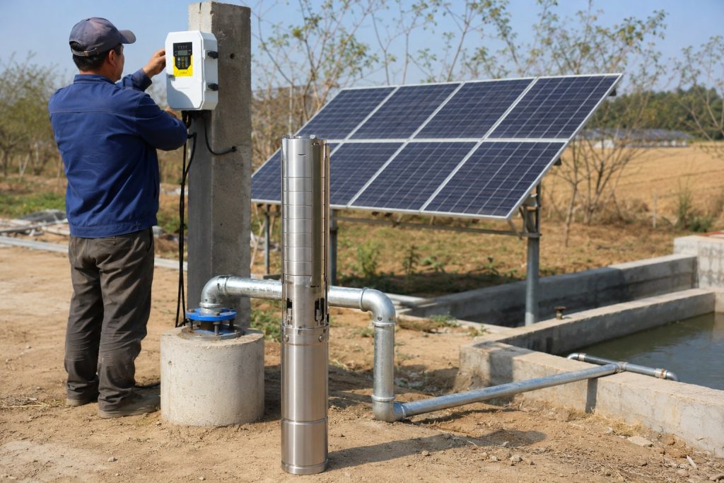 A realistic outdoor HYBSUN solar pump installation scene showing a stainless steel solar water pump displayed beside a concrete borehole wellhead, with clean galvanized metal pipes connected through professional elbows and fittings toward a water storage basin and irrigation line. A Chinese technician is adjusting the HYBSUN solar pump controller mounted on a concrete post, while a solar panel array powers the system in a rural farm setting. The scene highlights a cost effective solar water pump solution for long term water supply, pond pump system applications, and solar powered pond pump installations where reliable performance and lower operating costs matter.