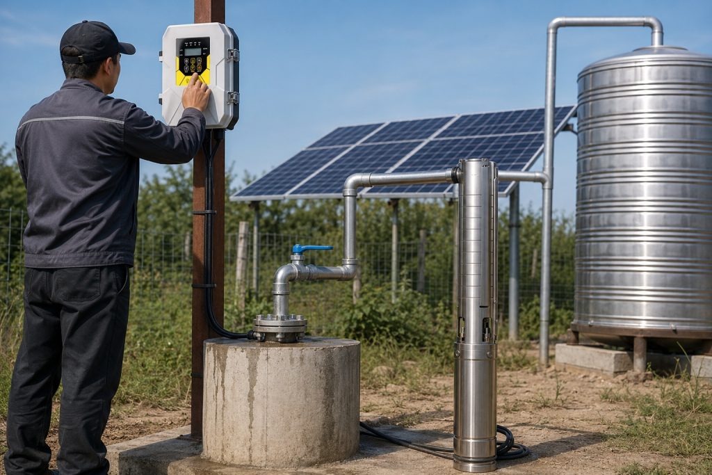 A realistic outdoor HYBSUN solar pump installation scene showing a Chinese technician checking the controller beside a concrete wellhead, where clean metal piping rises from the well and connects toward a stainless steel water tank. One stainless steel submersible pump is displayed upright beside the well for inspection, while the actual water supply system is shown through the wellhead, pipework, valves, solar panels, and control box. The image highlights common submersible pump problems such as low water pressure, no water output, electrical faults, pressure switch issues, worn impellers, or system leaks. This professional solar water pump setup also relates to solar powered pond pump and pond pump system applications where reliable diagnosis, clean installation, and proper HYBSUN solar pump operation are important for stable water supply.