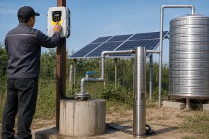 A realistic outdoor HYBSUN solar pump installation scene showing a Chinese technician checking the controller beside a concrete wellhead, where clean metal piping rises from the well and connects toward a stainless steel water tank. One stainless steel submersible pump is displayed upright beside the well for inspection, while the actual water supply system is shown through the wellhead, pipework, valves, solar panels, and control box. The image highlights common submersible pump problems such as low water pressure, no water output, electrical faults, pressure switch issues, worn impellers, or system leaks. This professional solar water pump setup also relates to solar powered pond pump and pond pump system applications where reliable diagnosis, clean installation, and proper HYBSUN solar pump operation are important for stable water supply.