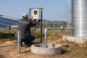 A realistic outdoor HYBSUN solar pump installation showing a stainless steel solar water pump displayed beside a borehole wellhead, with clean metal outlet piping running from the well toward a corrugated water storage tank. A Chinese technician is adjusting the HYBSUN solar pump controller mounted on a metal frame, while solar panels supply power in the background. The scene shows a professional off grid water pumping setup for farms and remote areas, with neat pipe connections, a closed pressurized water line, and a practical layout similar to larger solar water pump and pond pump system applications. This HYBSUN solar pump provides an efficient alternative to high electricity bills and manual water pumping, offering a reliable solar powered water solution beyond a basic solar powered pond pump.