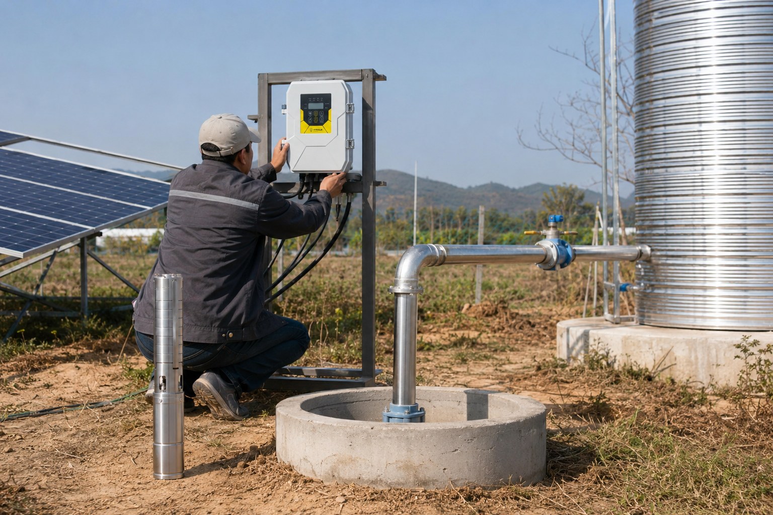 A complete solar water pump kit laid out on the ground, including panels, pump, and wiring