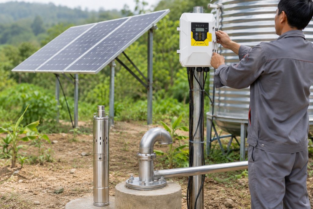 A realistic outdoor HYBSUN solar pump installation scene showing a stainless steel solar water pump displayed beside a borehole wellhead, with clean metal piping connected from the well to a nearby water storage tank and irrigation line. A Chinese technician is adjusting the white HYBSUN solar pump controller mounted on a metal post, while solar panels provide power in the background. The setup highlights an off grid water supply system where voltage choice affects cable size, energy efficiency, and long distance power delivery. The professional installation includes a polished metal discharge pipe, bolted wellhead fittings, organized wiring, and a rural field environment. This image is suitable for explaining the difference between 12V and 24V water pump systems, while also relating to solar water pump applications, HYBSUN solar pump solutions, solar powered pond pump selection, and pond pump system planning for off grid water use.