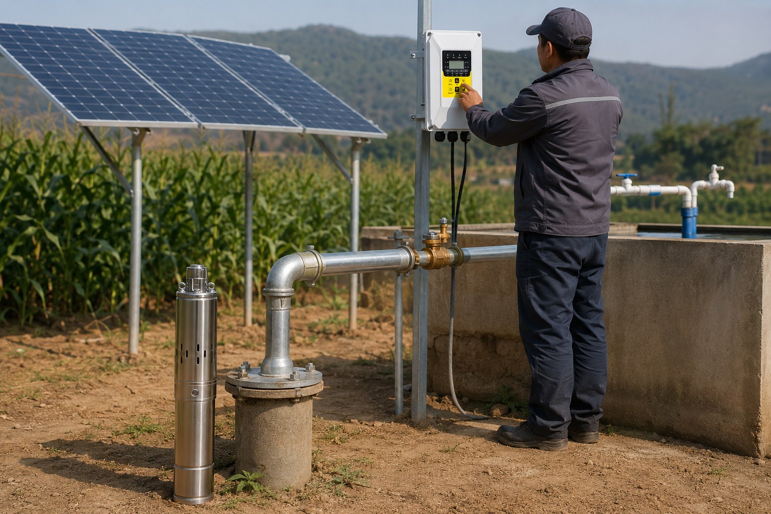 A durable stainless steel well pump being installed