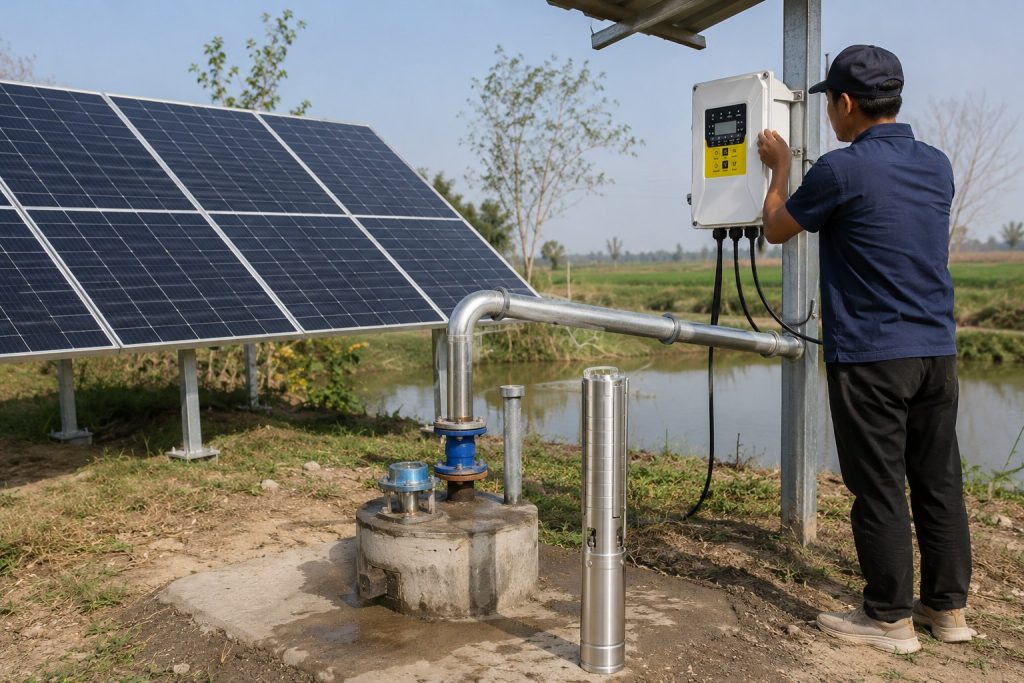 A realistic outdoor HYBSUN solar water pump installation beside a rural pond and farmland, showing a stainless steel submersible pump displayed near a concrete wellhead while the working borehole system is connected through clean metal discharge pipes, elbows, flanges, and fittings. A Chinese technician checks the HYBSUN controller mounted on a metal post, with solar panels positioned nearby to power the solar water pump system. The scene includes a professional wellhead connection, visible irrigation pipework, calm water in the background, and a natural field environment, presenting a durable solar powered pond pump and borehole pump solution designed for long service life, stable water supply, and reliable outdoor operation.