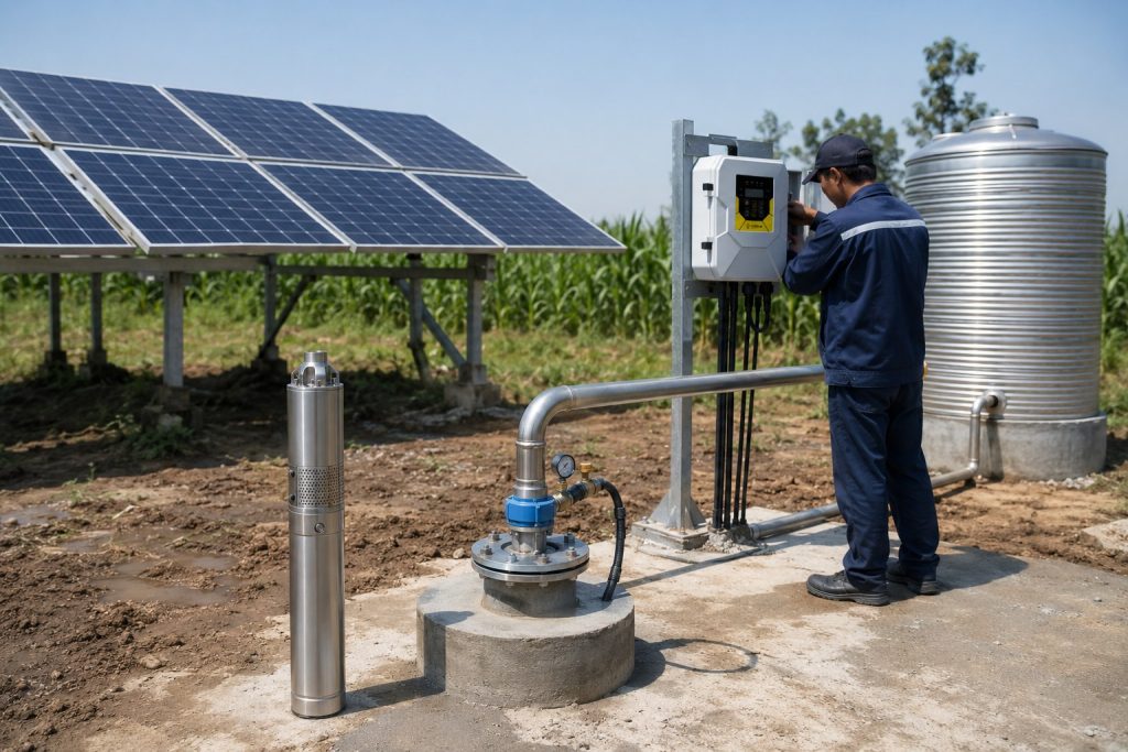 A realistic HYBSUN solar pump installation scene showing a stainless steel submersible solar water pump displayed beside a borehole wellhead, with clean metal piping connected from the well to a water tank and irrigation system. Solar panels, a HYBSUN solar pump controller, and a Chinese technician inspecting the equipment create a professional outdoor maintenance setting. The system appears paused for troubleshooting with no visible water flow, highlighting reliable pump matching for solar water pump, solar powered pond pump, and pond pump system applications.