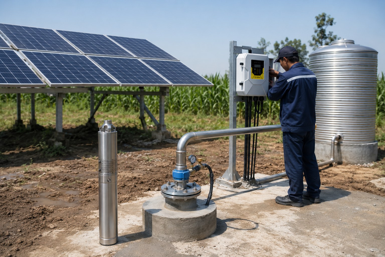 A modern solar water pump system in a field