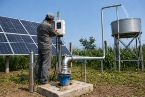 A realistic outdoor HYBSUN solar pump installation showing an energy efficient solar water pump system in a rural field. A stainless steel submersible borehole pump is displayed upright beside the wellhead, while clean galvanized metal pipes rise from the borehole and connect to an elevated water tank with water flowing into it. A Chinese technician in workwear checks the HYBSUN controller mounted near the well, with large solar panels powering the system in the background. The professional pipe fittings, valve connections, solar array, and off grid water supply setup create a practical scene for a solar powered pond pump, pond pump system, irrigation use, and reliable renewable water pumping.