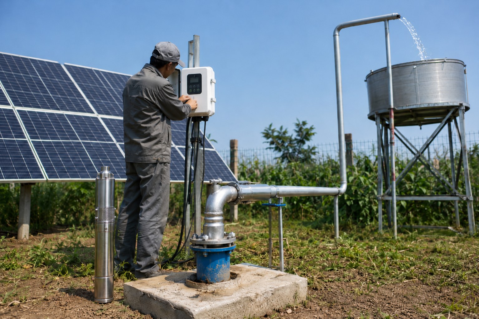 A diagram showing how a solar pump system works with panels, a controller, and a pump.