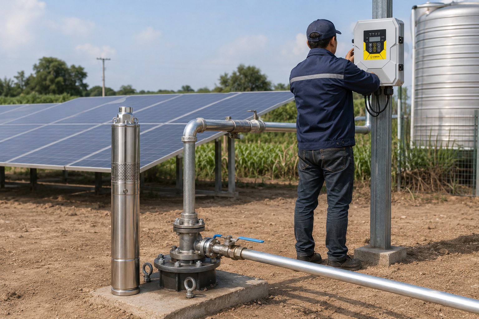 A powerful solar water pump system with panels installed in a sunny field, pumping water for irrigation