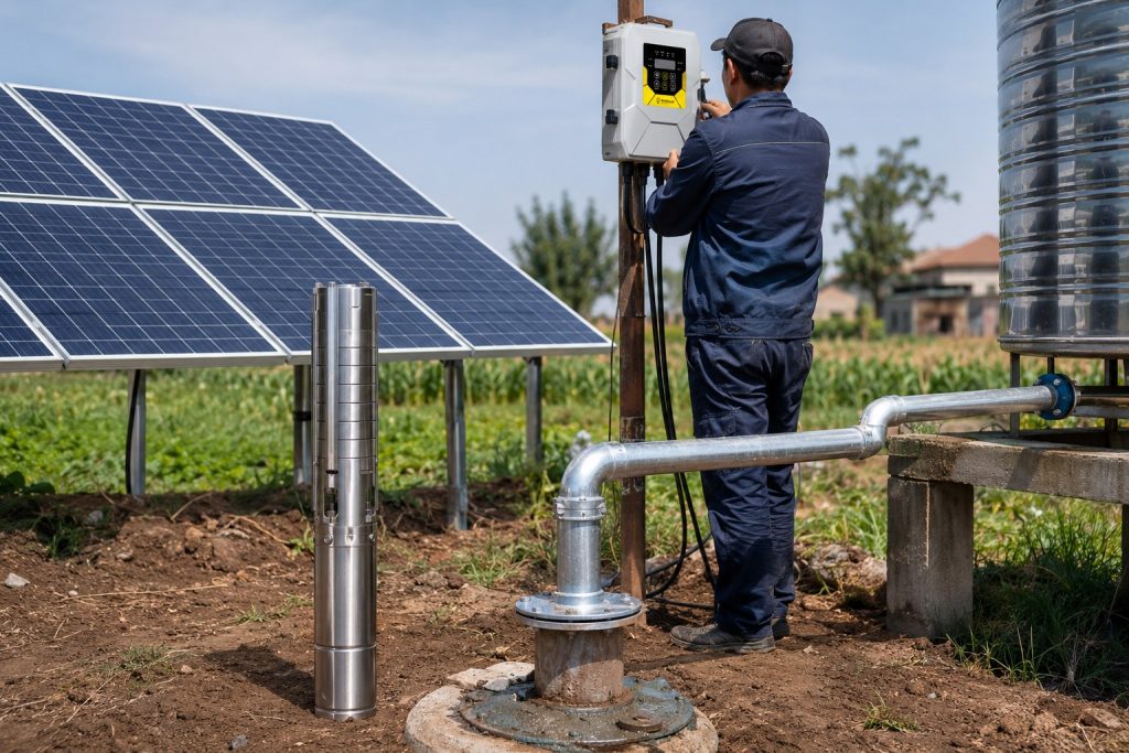 A realistic outdoor HYBSUN solar pump installation scene in a rural farm setting, showing a stainless steel solar submersible pump displayed beside a borehole wellhead while the actual water pipe rises from the well and connects through clean metal fittings to a nearby storage tank. A Chinese technician in workwear checks the HYBSUN solar pump controller mounted on a post, with solar panels installed behind the system to power the water pumping setup. The scene shows a professional solar water pump application for agricultural irrigation and water storage, with neat piping, practical installation logic, and a natural field environment. This HYBSUN solar pump system demonstrates how a 1 hp solar water pump can support reliable water supply, reduce electricity costs, and provide an efficient alternative for farms, wells, and pond pump system applications, including solar powered pond pump and off grid water pumping needs.