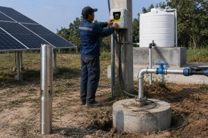 A realistic outdoor HYBSUN solar pump installation scene showing a stainless steel deep well submersible water pump displayed beside a concrete borehole while a Chinese technician adjusts the HYBSUN controller mounted on a post. Clean metal outlet pipes rise from the wellhead and connect through professional fittings and a blue valve to a white water storage tank and irrigation pipeline, showing a practical water flow path for farm use. Solar panels are installed nearby to power the system, with cables routed neatly between the controller, wellhead, and pump setup. The image presents a natural rural solar water pump application suitable for irrigation, water storage, livestock supply, and pond pump system projects, while also helping buyers understand why the price of a 2.5 hp water pump depends on pump type, head, flow rate, and installation requirements rather than horsepower alone.