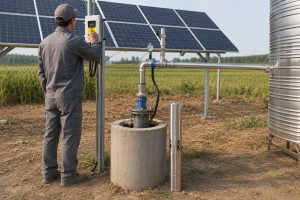A realistic outdoor farm installation scene showing a HYBSUN solar pump system connected to a clean borehole wellhead with new stainless steel pipes, metal elbows, pressure fittings, and a discharge line leading toward a large water storage tank. A slim stainless steel solar submersible pump is displayed upright beside the well as a product reference, while the actual working pump is implied to be installed underground. Solar panels are mounted behind the system, and a Chinese technician in workwear adjusts the solar pump controller on a metal post. The scene shows a professional solar water pump setup for agricultural irrigation and rural water supply, similar to systems used for farm wells, solar powered pond pump applications, and pond pump system projects where stable off grid water pumping is required.
