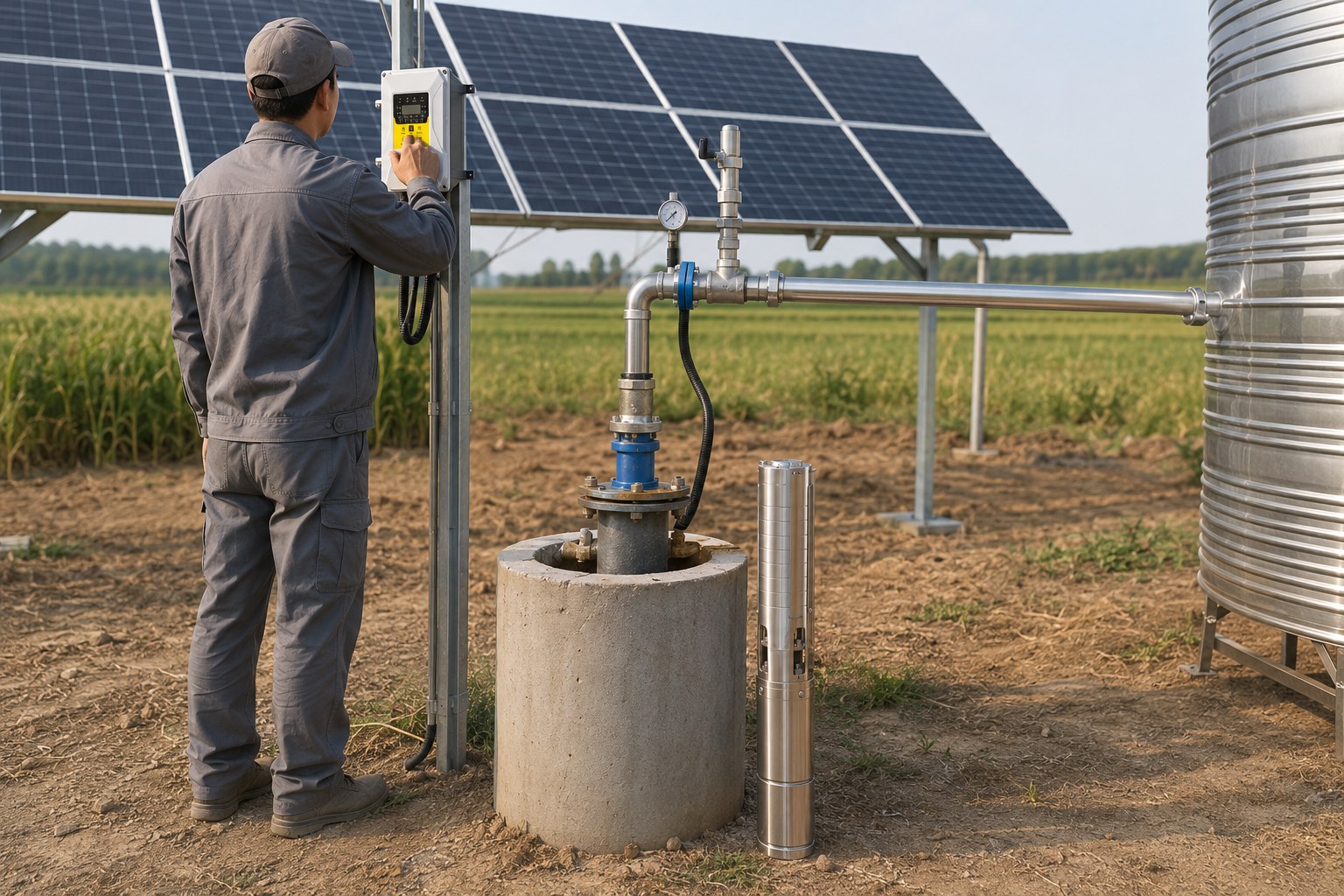 A 4 HP solar water pump system installed in a sunny field