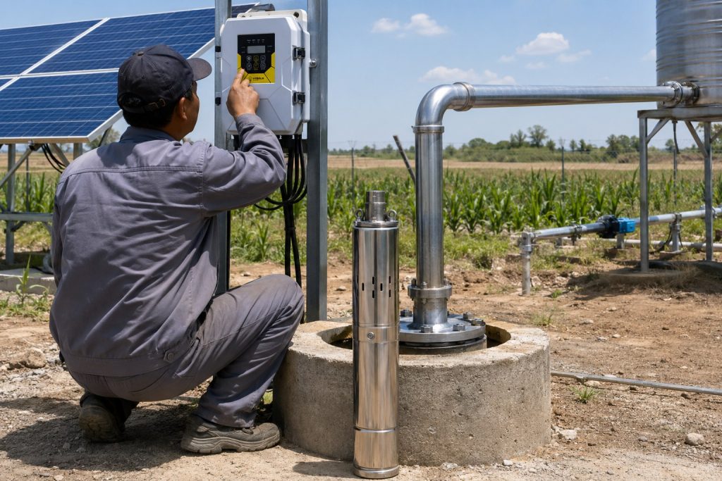 A realistic outdoor HYBSUN solar pump installation scene showing a stainless steel submersible water pump displayed beside a concrete borehole wellhead while a Chinese technician checks the wall mounted solar pump controller. Clean metal piping rises from the well opening and connects through professional elbow fittings toward an elevated water tank and irrigation pipeline, showing a practical solar water pump system for farmland water supply. Blue solar panels are installed nearby to power the system, with crops and rural fields in the background. The scene presents a professional HYBSUN solar pump setup that helps explain the value and installation context behind choosing a 2 5 hp water pump, solar powered pond pump, pond pump system, or borehole irrigation solution.