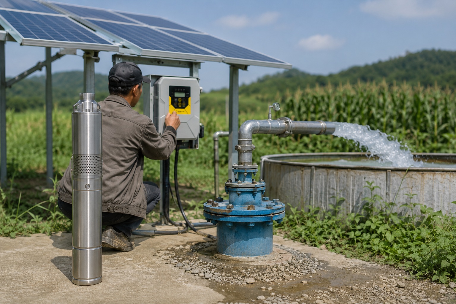 A powerful solar water pump system in a field