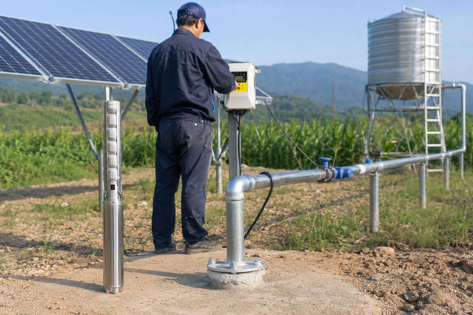 A powerful solar water pump system in a field