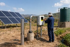 A realistic HYBSUN solar pump installation in a remote rural field, showing a stainless steel solar water pump displayed beside a borehole wellhead while the actual water line rises from the well through clean metal piping. A Chinese technician adjusts the HYBSUN controller near the pipe connection, with solar panels powering the system on the left and a raised water storage tank connected on the right. The scene also shows irrigation channels, green crops, dry farmland, and professional pipe fittings, clearly illustrating how a solar powered pond pump or pond pump system concept can be adapted into a reliable solar water pump solution for off grid water access.